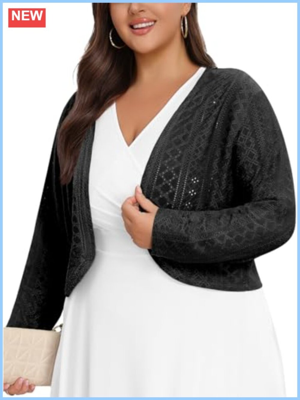 Women's Plus Size Shrug Open Front Long Sleeve Cropped Openwork Bolero Cardigan